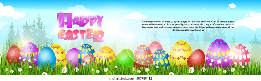 Happy Easter Decorated Colorful Egg Holiday Symbols Greeting Card Flat Vector Illustration