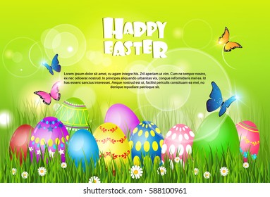 Happy Easter Decorated Colorful Egg Holiday Symbols Greeting Card Flat Vector Illustration