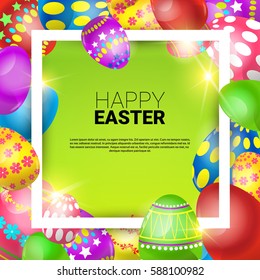 Happy Easter Decorated Colorful Egg Holiday Symbols Greeting Card Flat Vector Illustration