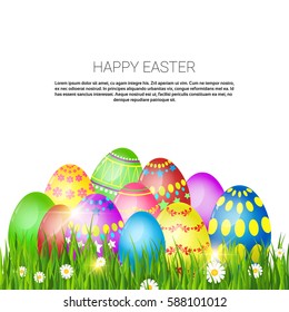 Happy Easter Decorated Colorful Egg Holiday Symbols Greeting Card Flat Vector Illustration