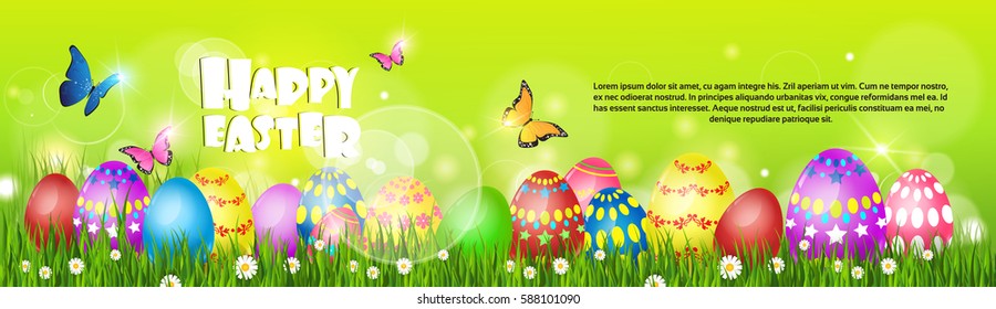 Feliz Pascua Decorada con Colorido Huevo Símbolos de vacaciones Tarjeta de bienvenida Vector plano Ilustración