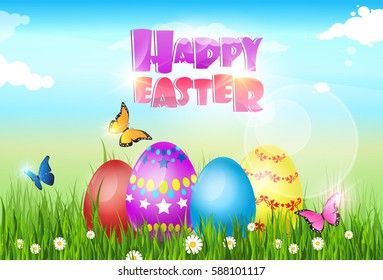 Happy Easter Decorated Colorful Egg Holiday Symbols Greeting Card Flat Vector Illustration