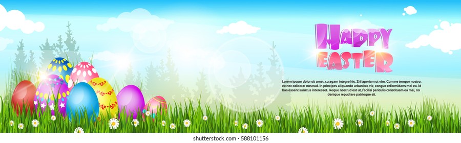Happy Easter Decorated Colorful Egg Holiday Symbols Greeting Card Flat Vector Illustration