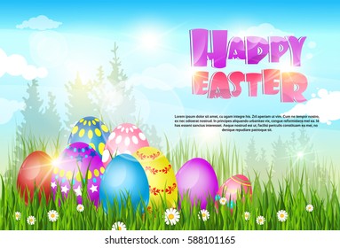 Happy Easter Decorated Colorful Egg Holiday Symbols Greeting Card Flat Vector Illustration