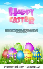 Feliz Pascua Decorada con Colorido Huevo Símbolos de vacaciones Tarjeta de bienvenida Vector plano Ilustración