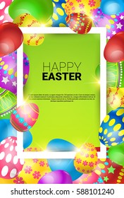 Happy Easter Decorated Colorful Egg Holiday Symbols Greeting Card Flat Vector Illustration