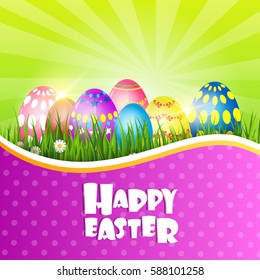 Happy Easter Decorated Colorful Egg Holiday Symbols Greeting Card Flat Vector Illustration
