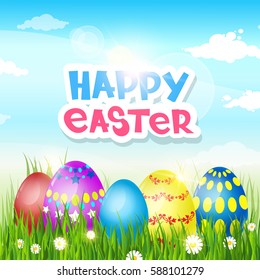 Happy Easter Decorated Colorful Egg Holiday Symbols Greeting Card Flat Vector Illustration