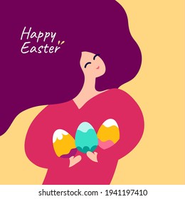 Happy Easter! Decorated cute eggs. April spring holiday greeting card, poster, flyer, invitation. Cute vector banner, season illustration. Green, yellow, pink colourful egg. Summer smiling girl, woman