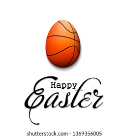 Happy Easter. Decorated egg in the form of a basketball ball with vintage lettering on an isolated background. Pattern for greeting card, banner, poster, flyer, ad, invitation. Vector illustration