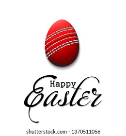 Happy Easter. Decorated egg in the form of a cricket ball with vintage lettering on an isolated background. Pattern for greeting card, banner, poster, flyer, ad, invitation. Vector illustration
