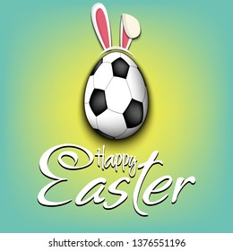 Happy Easter. Decorated egg in the form of a soccer ball with ears rabbit and vintage  lettering on an isolated background. Pattern for greeting card, banner, poster, ad. Vector illustration