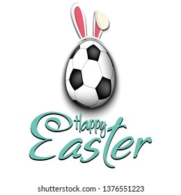 Happy Easter. Decorated egg in the form of a soccer ball with ears rabbit and vintage  lettering on an isolated background. Pattern for greeting card, banner, poster, ad. Vector illustration