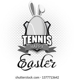 Happy Easter. Decorated egg in the form of a tennis ball with ears rabbit and vintage  lettering on an isolated background. Pattern for greeting card, banner, poster, ad. Vector illustration