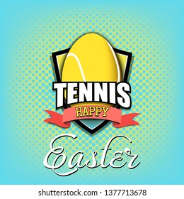 Happy Easter. Decorated egg in the form of a tennis ball with vintage lettering on an isolated background. Pattern for greeting card, banner, poster, flyer, ad, invitation. Vector illustration