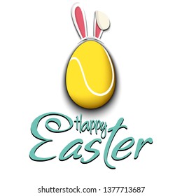 Happy Easter. Decorated egg in the form of a tennis ball with ears rabbit and vintage  lettering on an isolated background. Pattern for greeting card, banner, poster, ad. Vector illustration