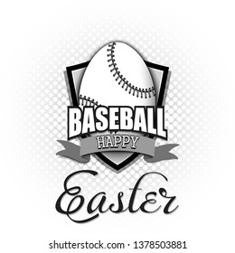 Happy Easter. Decorated egg in the form of a baseball ball with vintage lettering on an isolated background. Pattern for greeting card, banner, poster, flyer, ad, invitation. Vector illustration