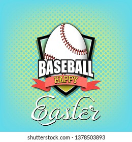Happy Easter. Decorated egg in the form of a baseball ball with vintage lettering on an isolated background. Pattern for greeting card, banner, poster, flyer, ad, invitation. Vector illustration