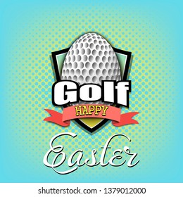 Happy Easter. Decorated egg in the form of a golf ball with vintage lettering on an isolated background. Pattern for greeting card, banner, poster, flyer, ad, invitation. Vector illustration