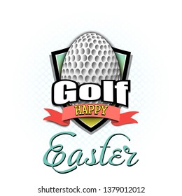 Happy Easter. Decorated egg in the form of a golf ball with vintage lettering on an isolated background. Pattern for greeting card, banner, poster, flyer, ad, invitation. Vector illustration