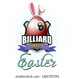 Happy Easter. Decorated egg in the form of a billiard ball with ears rabbit and vintage  lettering on an isolated background. Pattern for greeting card, banner, poster, ad. Vector illustration