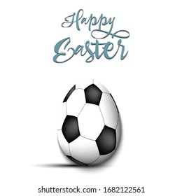 Happy Easter. Decorated egg in the form of a soccer ball with vintage lettering on an isolated background. Pattern for greeting card, banner, poster, flyer, ad, invitation. Vector illustration