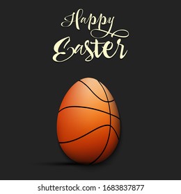 Happy Easter. Decorated egg in the form of a basketball ball with vintage lettering on an isolated background. Pattern for greeting card, banner, poster, flyer, ad, invitation. Vector illustration