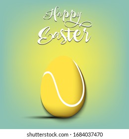 Happy Easter. Decorated egg in the form of a tennis ball with vintage lettering on an isolated background. Pattern for greeting card, banner, poster, flyer, ad, invitation. Vector illustration