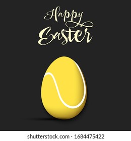 Happy Easter. Decorated egg in the form of a tennis ball with vintage lettering on an isolated background. Pattern for greeting card, banner, poster, flyer, ad, invitation. Vector illustration