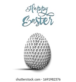 Happy Easter. Decorated egg in the form of a golf ball with vintage lettering on an isolated background. Pattern for greeting card, banner, poster, flyer, ad, invitation. Vector illustration