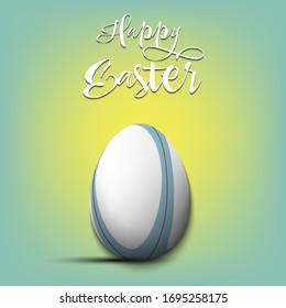 Happy Easter. Decorated egg in the form of a rugby ball with vintage lettering on an isolated background. Pattern for greeting card, banner, poster, flyer, ad, invitation. Vector illustration