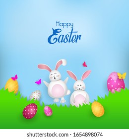 Happy Easter with decorated eggs, cute bunny and flowers. happy easter in spring