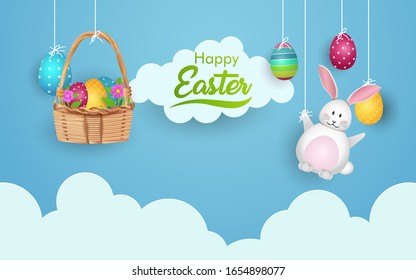 Happy Easter with decorated eggs, cute bunny and flowers. happy Easter with beautiful clouds