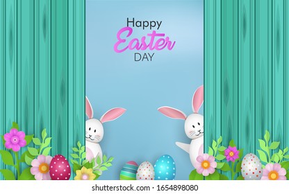 Happy Easter with decorated eggs, cute bunny and flowers. happy Easter in spring
