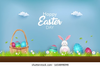 Happy Easter with decorated eggs, cute bunny and flowers. happy Easter in green grass