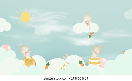 Happy Easter with decorated eggs, cute bunny and flowers. happy Easter with beautiful clouds. Easter poster and banner template with Easter eggs on pastel background.