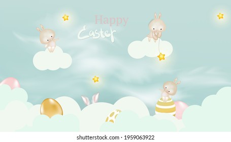 Happy Easter with decorated eggs, cute bunny and flowers. happy Easter with beautiful clouds. Easter poster and banner template with Easter eggs on pastel background.