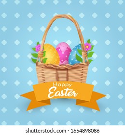 Happy Easter with decorated eggs,  and flowers in basket. happy Easter