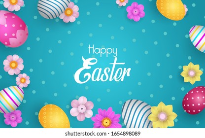 Happy Easter with decorated eggs and flowers. happy Easter in blue background