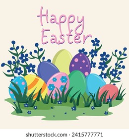 Happy easter. Decorated eggs in the grass with flowers
