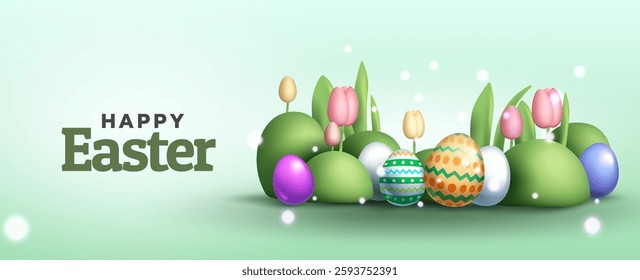 Happy Easter with decorated eggs and tulips on a soft green background. Vector Illustration
