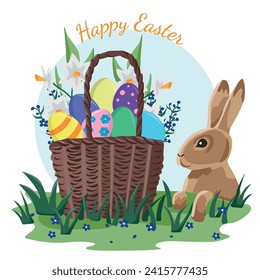 Happy easter. Decorated eggs in a wicker basket with flowers, and a rabbit in the grass