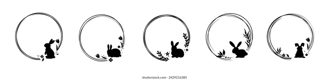 Happy Easter . Easter decorated frame with eggs and bunny. Easter border with easter eggs and rabbit. Greeting cards collection.Hand drawn frame with flowers and leaves