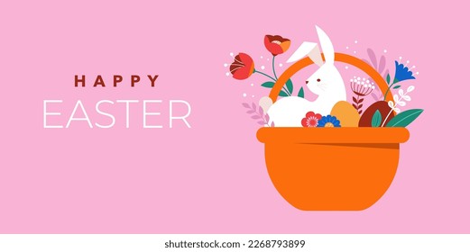 Happy Easter, decorated geometric style Easter card, banner. Bunnies, Easter eggs, flowers and basket. Modern minimalist design