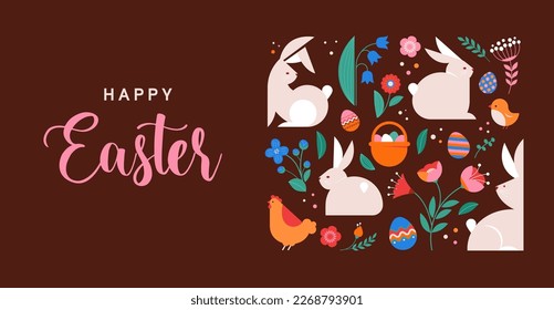 Happy Easter, decorated geometric style Easter card, banner. Bunnies, Easter eggs, flowers and basket. Modern minimalist design