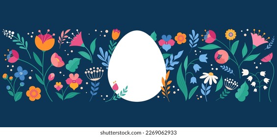 Happy Easter, decorated geometric style Easter card, banner. Bunnies, Easter eggs, flowers and basket. Modern minimalist design