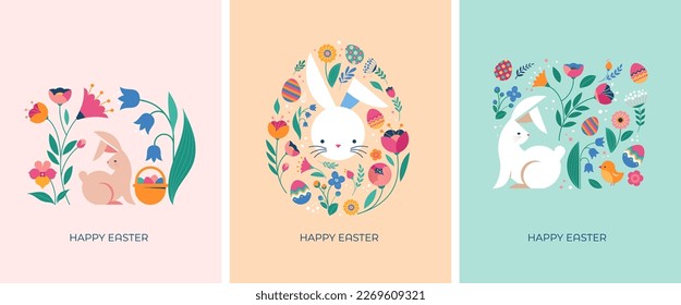 Happy Easter, decorated geometric style Easter cards, banners. Bunnies, Easter eggs, flowers and basket. Modern minimalist design