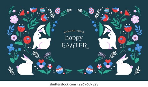 Happy Easter, decorated geometric style Easter card, banner. Bunnies, Easter eggs, flowers and basket. Modern minimalist design