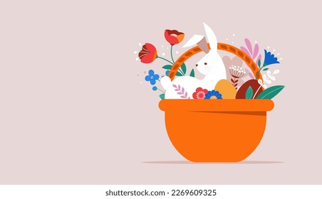 Feliz Pascua, estilo geométrico decorado con la tarjeta de Pascua, cartel. Bunnies, huevos de Pascua, flores y cesta. Diseño minimalista moderno