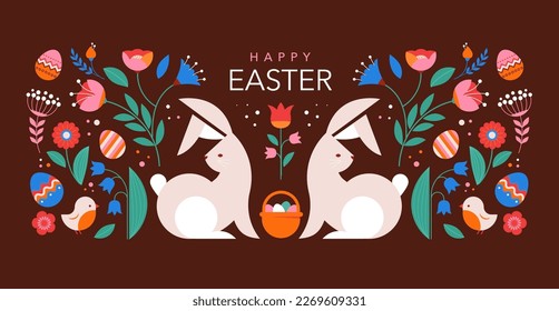 Feliz Pascua, estilo geométrico decorado con la tarjeta de Pascua, cartel. Bunnies, huevos de Pascua, flores y cesta. Diseño minimalista moderno